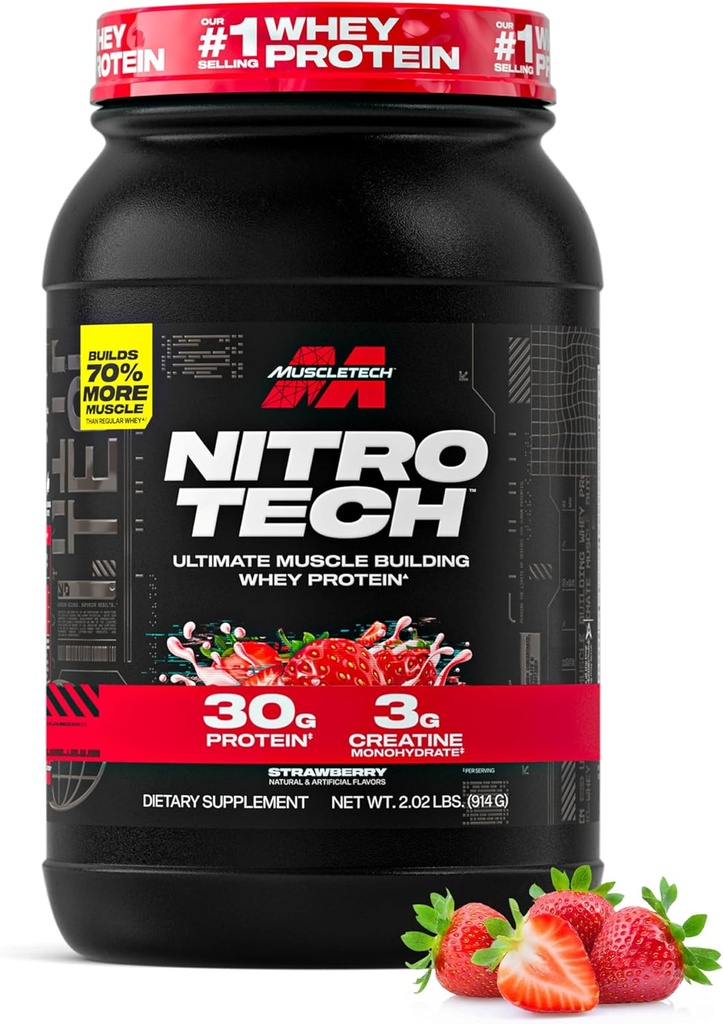 Muscletech Whey Protein Powder (Strawberry, 2,2 punta) - Nitro-Tech Ultimate Lihas Building Formula Whey Protein Isolate - 30g proteiinia, 3g Creatiini & 6.8g BCAA - Pakkaus Toukokuu Vary