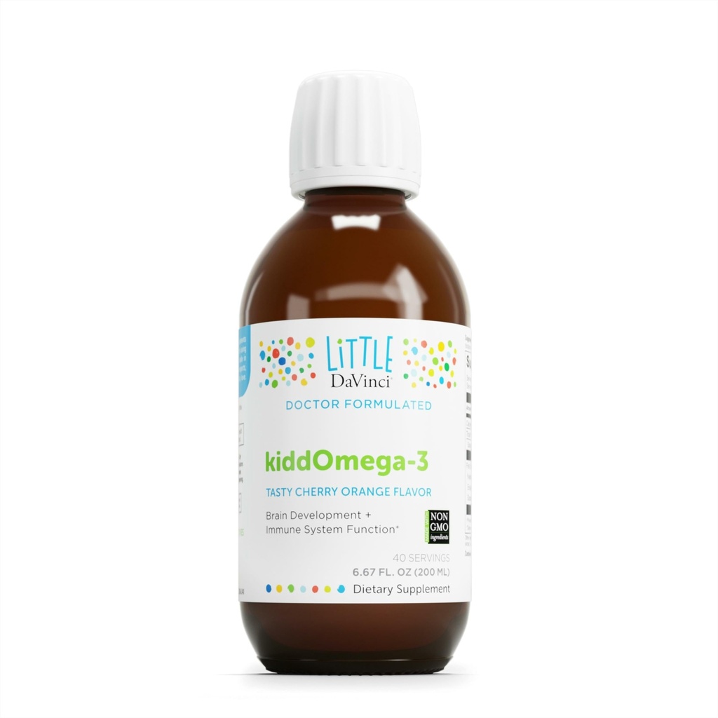 DAVINCI Labs kiddOmega-3 - Liquid Omega-3 Supplement för barn - för Immune System, Focus och Brain Support * - med Monk Fruit, DHA, EPA och mer - Cherry Orange smak - 200mL