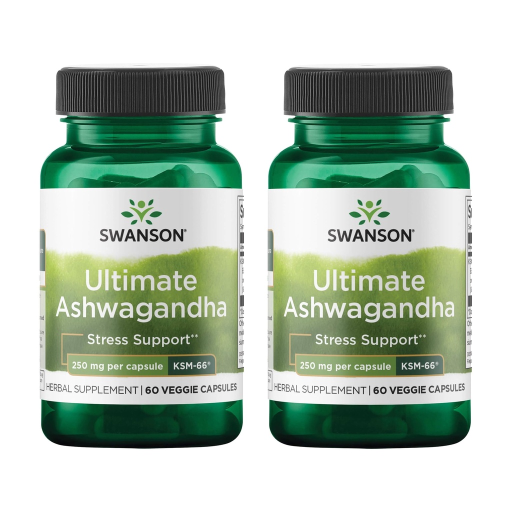 Swanson Ultimate Ashwagandha KSM-66 - Herbal Supplement Supporting Healthy Stress Levels & Relaxation - Natural Formel för att främja en lugn och avkopplad Mindset - (60 Veggie Capsules, 250mg Varje) (2 Pack)