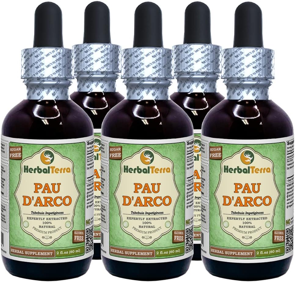 PAU d'arco (Tabebuia Impetiginosa) Glyseriitti, kuivattu Bark alkoholiton nesteuute (Brandin nimi: HerbalTerra, ylpeästi valmistettu Yhdysvalloissa) 5x2 fl.oz (5x60 ml)