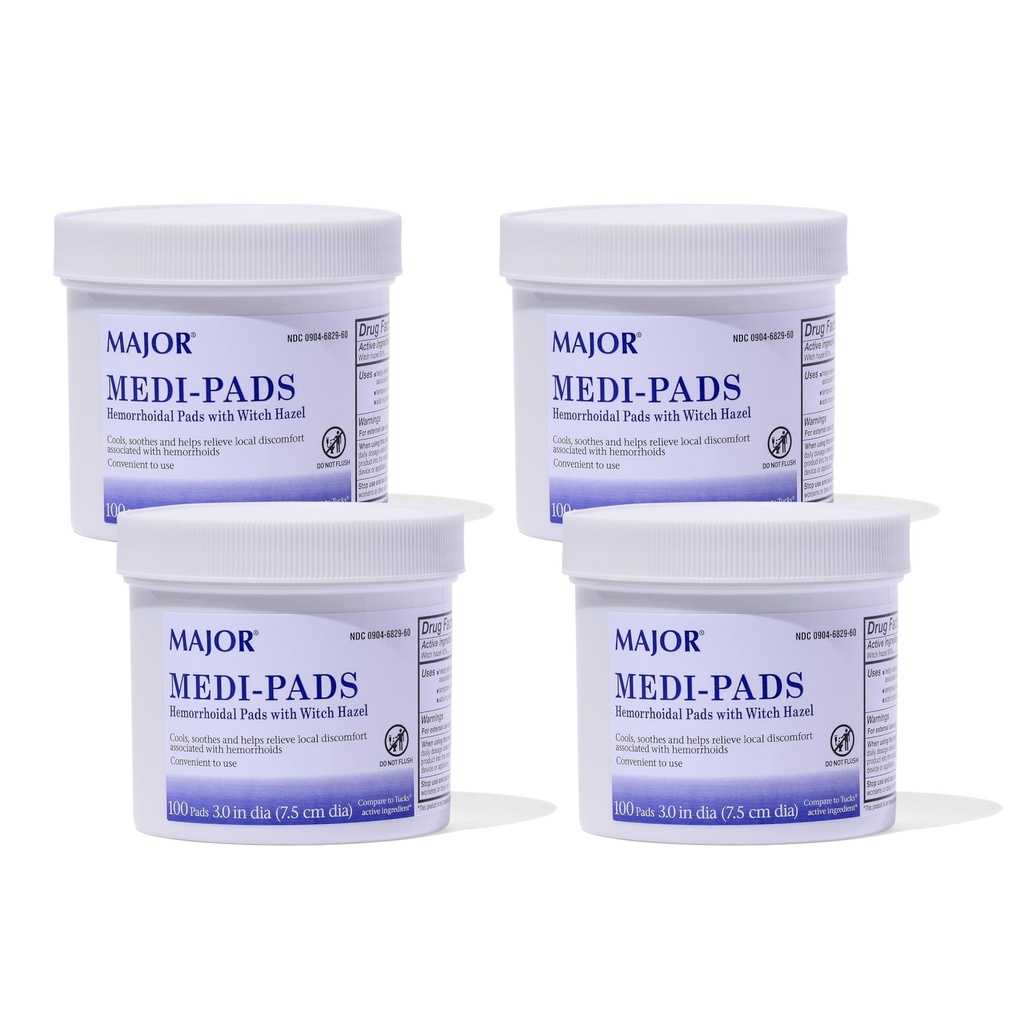 MAJOR Medi-Pads - Hemorrhoidal Hygienic Cleansing Witch Hazel Pads - Cooling Relief med Aloe - 100 Count Jar (4 Pack)