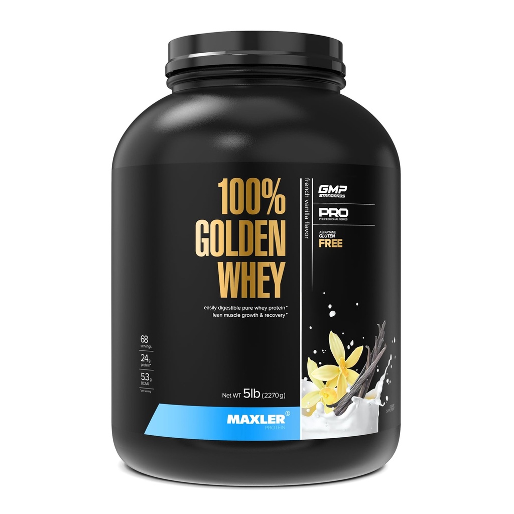 Maxler 100% Golden Whey Protein - 24g Protein per Serving - Premium Whey Protein Powder for Pre Post Treout - Fast-Absorbing Whey Concentral Isolate Hydrolysate Blend - Ranskalainen Vanilla Protein 5lb