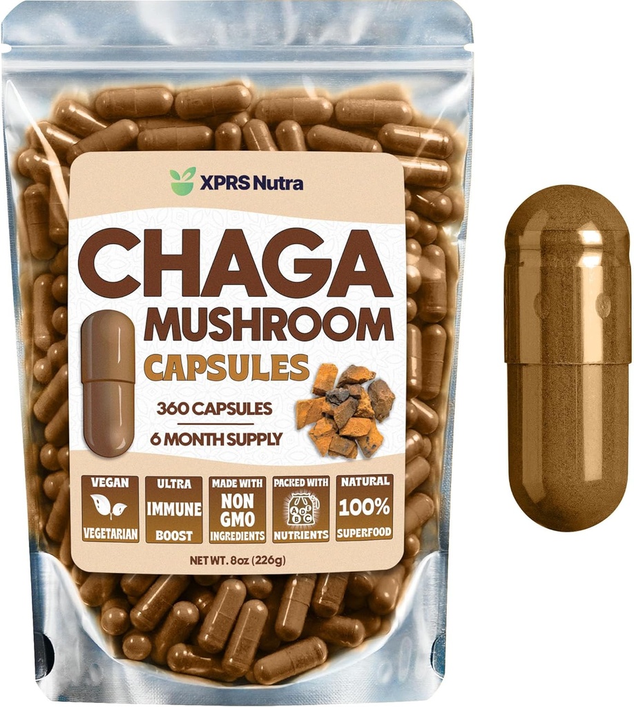 XPRS Nutra Chaga Sienikapselit - Premium USDA Chaga Sienikapselit Kapselit- Capsulated Chaga Sieni Powder for an Immuniteetti Boost - Vegan Friendly Superfood for Chaga Tea and Juomat - 360 Count