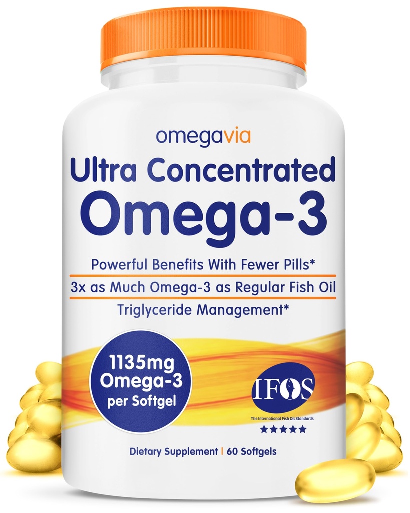 OmegaVia Ultra koncentrerade Omega 3 Fiskolja Burpless, 60 Softgels, Triple Strength Omega 3 Fish Oil Supplements, 1135 mg Pure Omega3, No Fishy Burps, High EPA DHA DPA, IFOS 5-Star