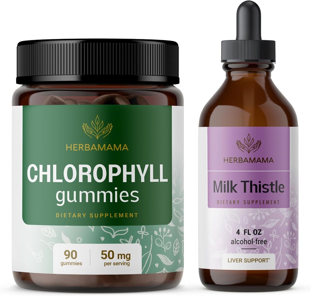 HERBAMAMA Chlorophyll och Milk Thistle Kit - Bundle av 50 mg Chlorophyll Gummies & Milk Thistle Extract Tincture 4 fl oz - Vegan, Non-GMO, Sugar & Alkoholfri - 2 Pack