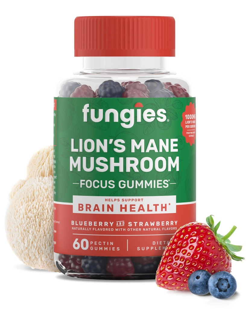 Fungies Lion's Mane Mushroom Gummies, Mixed Blueberry & Strawberry Flavor - Mushroom Supplement Gummy för vuxna och barn stöder hjärnhälsa, kognitiv funktion, fokus, minne och humör, 60 portioner