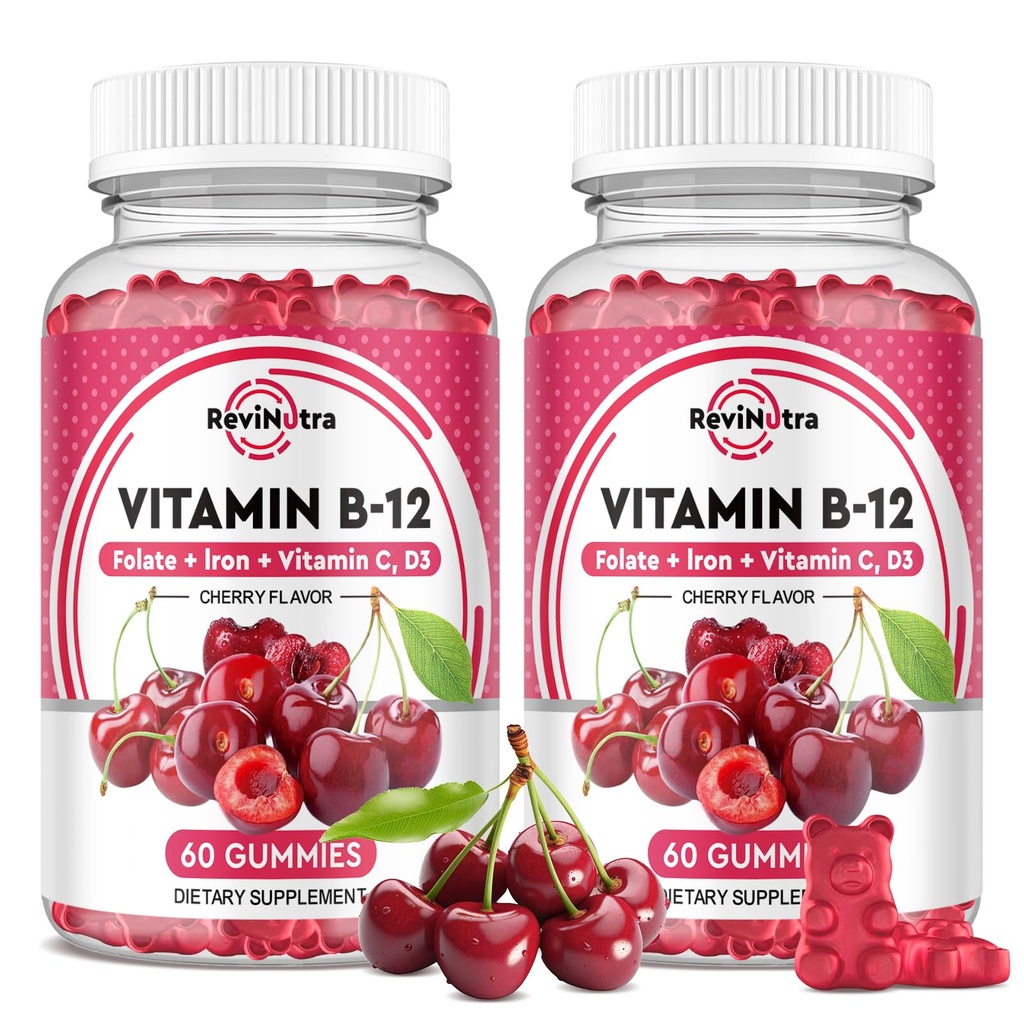 B12-vitamiini Gummies - 5000 mikrog metyylikobalamiinia rauta, C-vitamiini, D3 & Folaatti, energiatuki ja aineenvaihdunta, immuuni, B-12 Complex purutabletti miehille ja naisille, 120 kreivi, 2 pakkaus