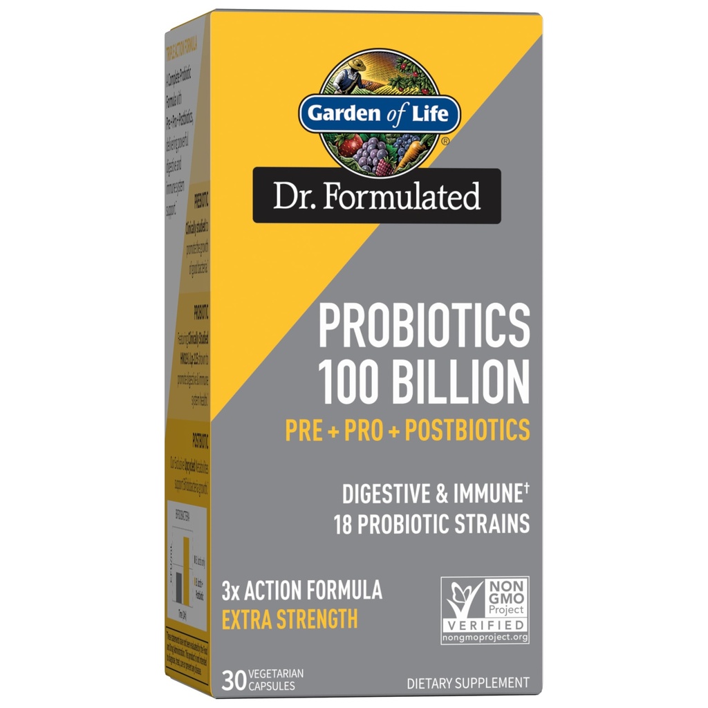 Elämän puutarha Dr Formulated Probiootit 100 miljardia PMY Pre + Pro + Postbiootit - Extra Strength Ruoansulatus- ja immuunituki miehille ja naisille, peruna, Acacia, Postbiotic Metabolites, 30 kapselia