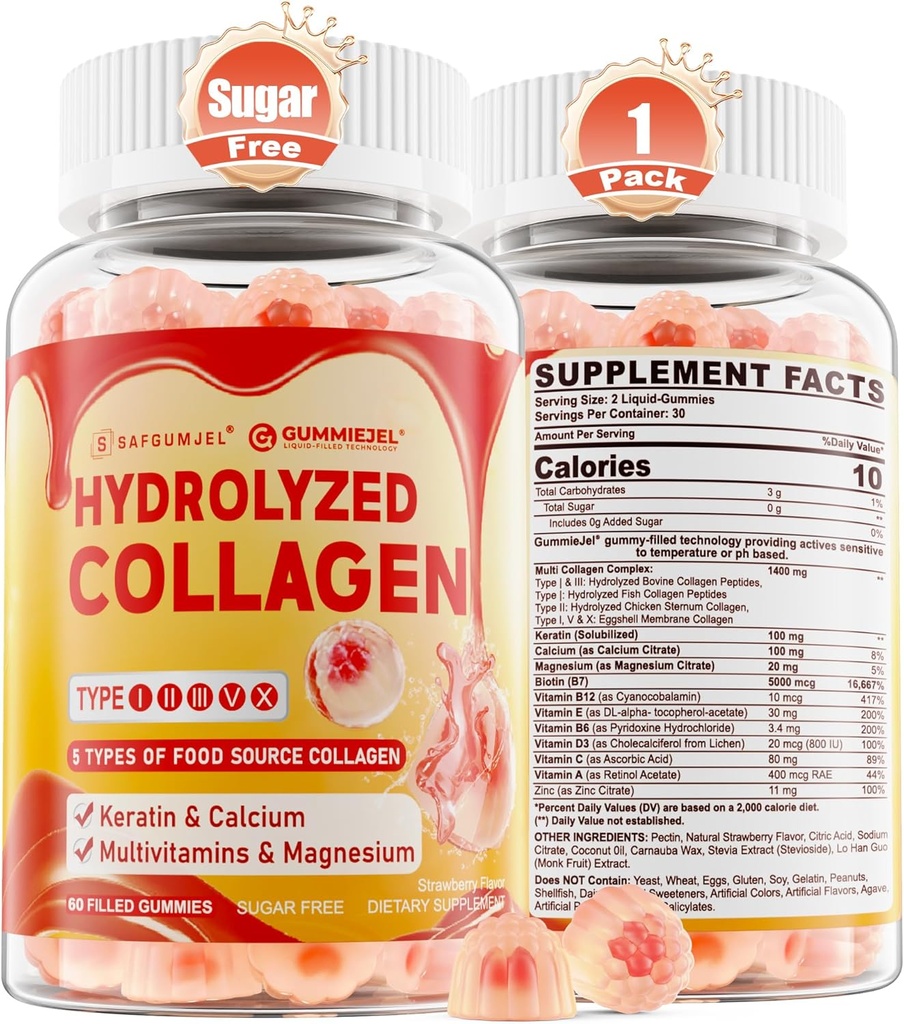 Collagen Peptide Gummies for Women, Sugar Free Multi Collagen Supplement, 1400mg Hydrolysed Collagen Tyypit I II III V X, 5000 mcg Biotiini, C-vitamiini E D3 B6 hiuksille, iholle ja kynsille, luu, 60 Ct