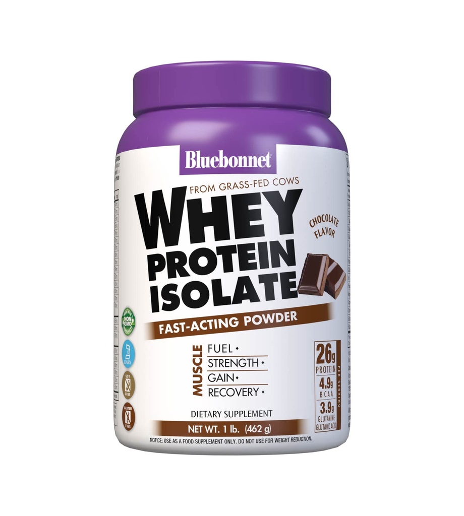 Bluebonnet Nutrition Whey Protein Isolate Powder, Whey From Grass Fed Cows, 26g Protein, No Sugar Added, Gluten Free, Soy Free, Kosher Dairy, 1 Lb, 14 Servings, Chocolate Flavor