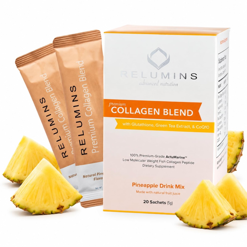 Aluminations Marine Collagen Powder Drink Mix - Collagen Peptide glutationin, vihreän teen, CoQ10, & Hyaluronic Acid Boosts hehkuvaa ihoa - 100 jauhetta sachets x ananas maku + 10 vapaat sachets