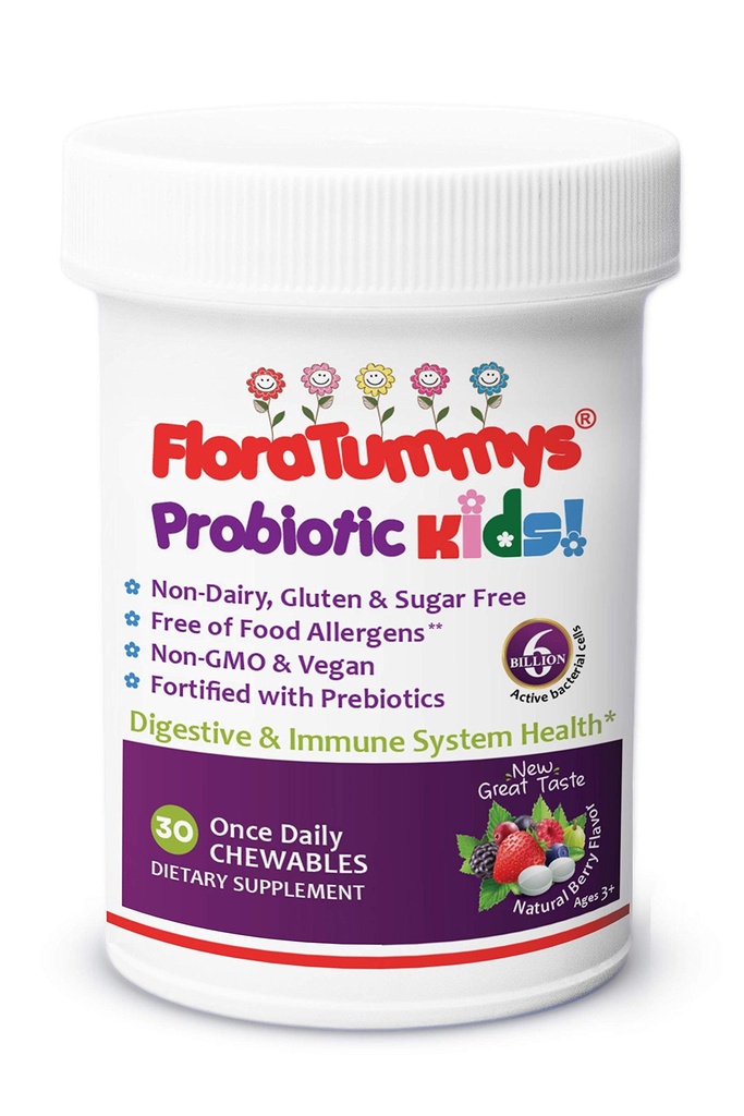 FloraTummys Kids Chewable Probiotic Prebiotics: Non-Dairy, Gluten & Sugar-Free, Peanut & Soy Free, Non-GMO, Tested & Free of Food Allergens, Vegan, Kosher, Berry Flavor (1 flaska)