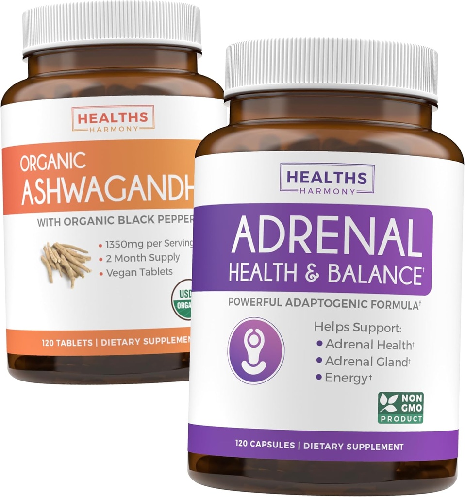 Ashwagandha & Adrenal (2-Kuukauden tarjonta) Lisämunuaisten Balance Pack - Organic Ashwagandha Natural Adrenal & Cortisol Support (120 Caps) & Adrenal System & Cortisol Manager L-tyrosine Väsymys Tuki (120 Cap)