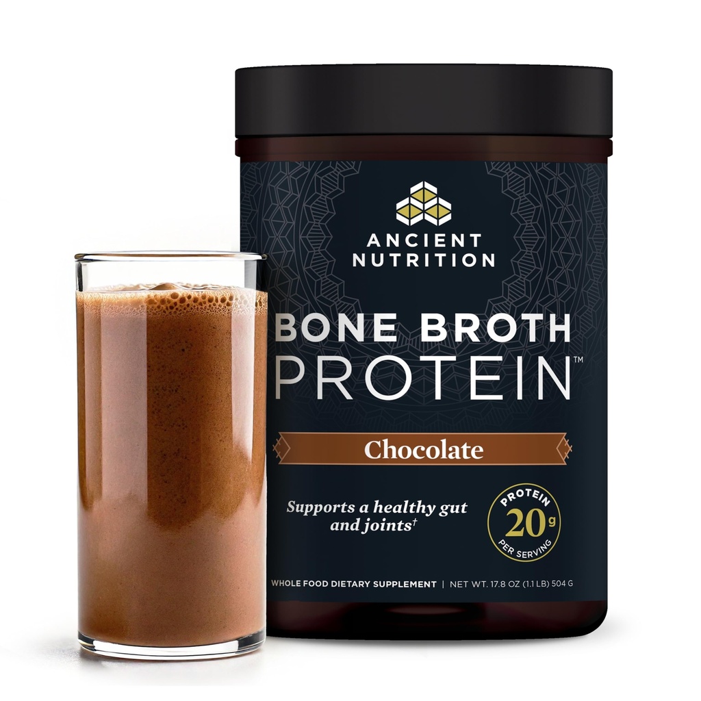 Ancient Nutrition Protein Powder Made from Real Bone Broth, Chocolate, 20g Protein Per Serving, 20 tarjoilua Tub, Gluteeniton Hydrolysed Collagen Peptides Supplement, Great in Protein Shakes
