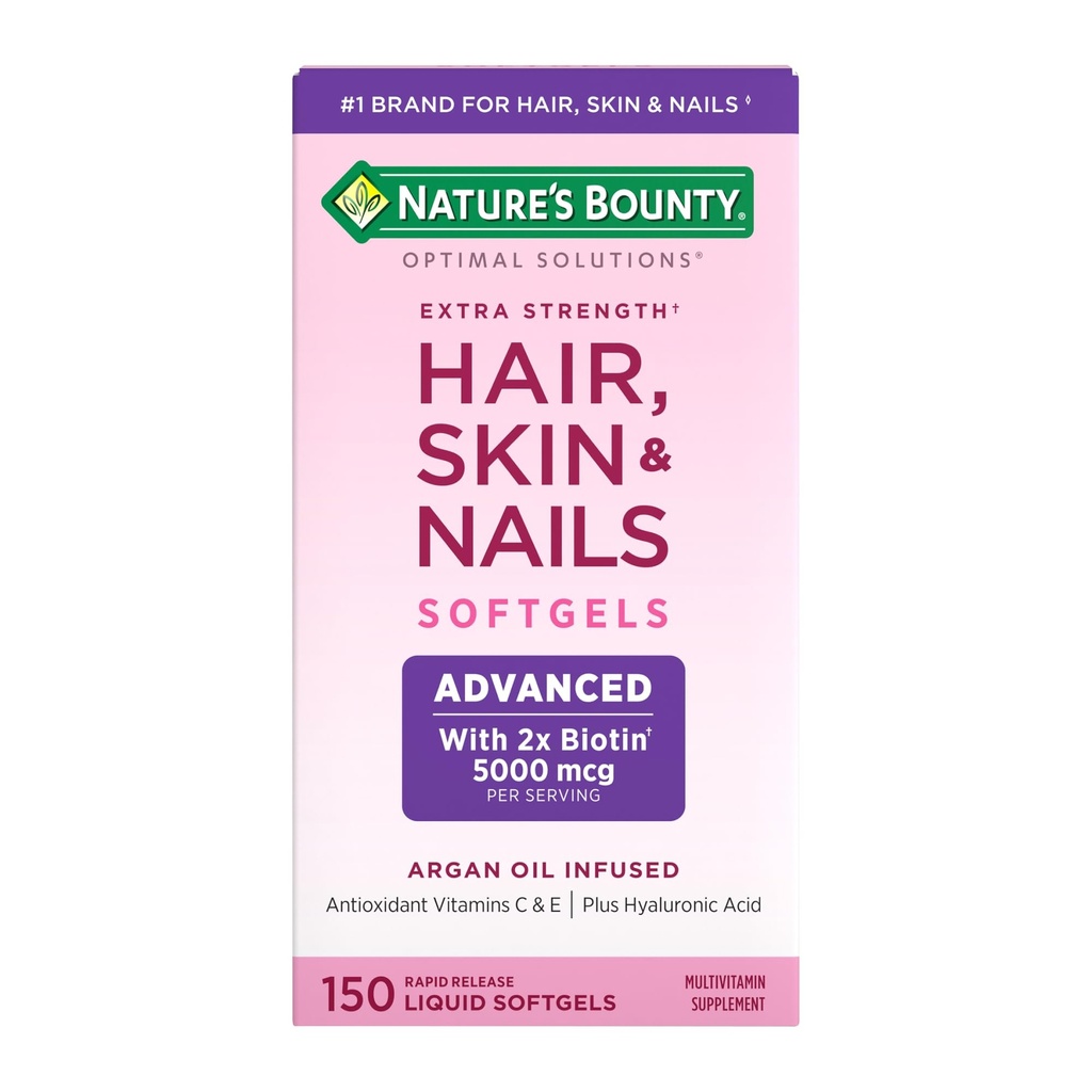 Nature's Bounty Advanced Hiukset, iho ja kynnet, Argan-infusoitu vitamiini täydentää Biotiini ja hyaluronihappo, 150 Nopea vapauttaa Softgels, 50 Yhteensä