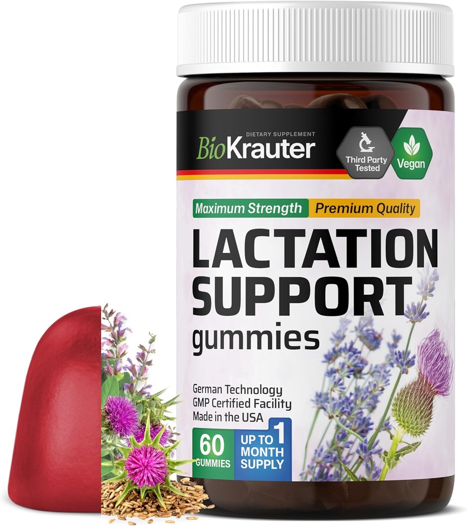 BIO KRAUTER Imetys Tuki Gummies - 60 purukumia - Luonnollinen imetys täydentää - Vuohet Rue, Sarviapila, Milk Thistle Otteita - Vegaani imetys täydentää