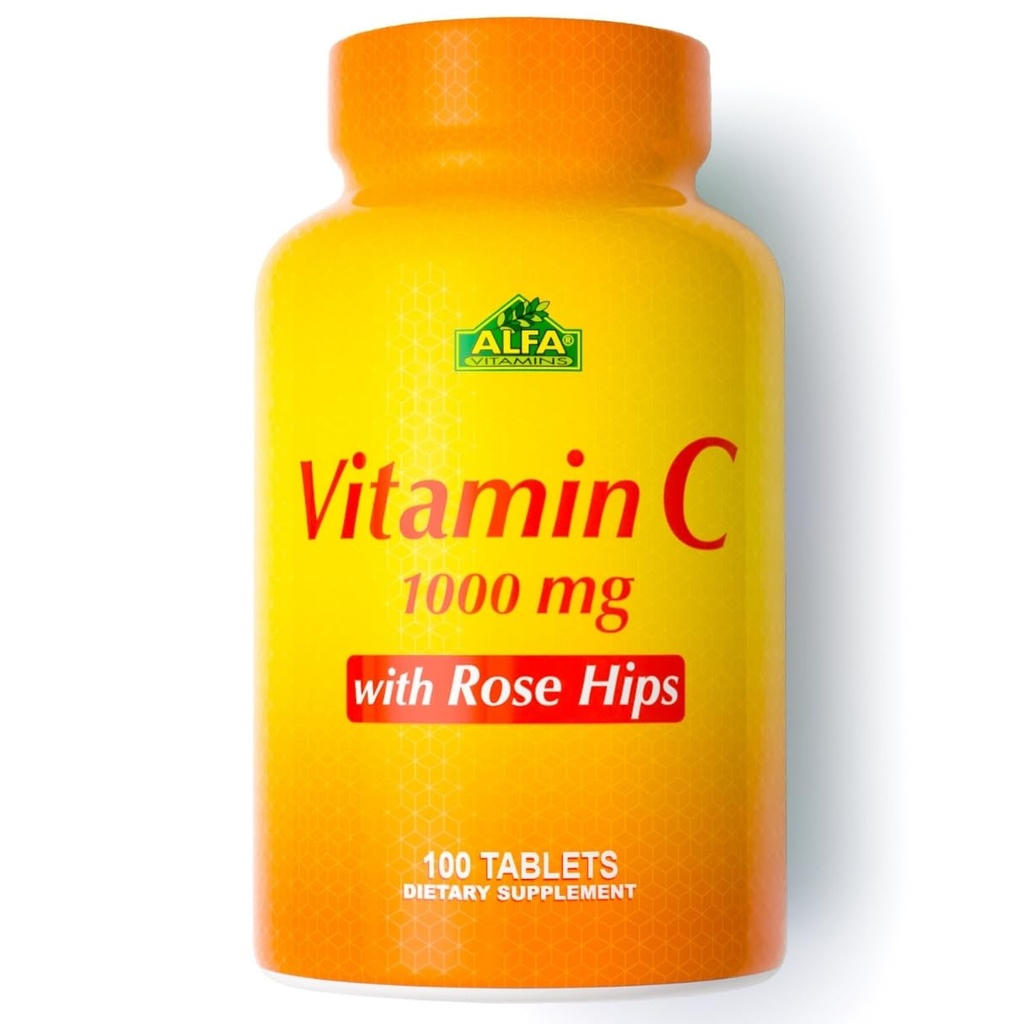 ALFA VITAMINS Vitamin C med Rose HIPS med 1000 mg Vitamin C per Servering - Antioxidant & Immune Support + Stöder Hälsosamma hud & Joints - Non GMO, Vegan, Gluten Free, Dairy Free - 100 Tabletter