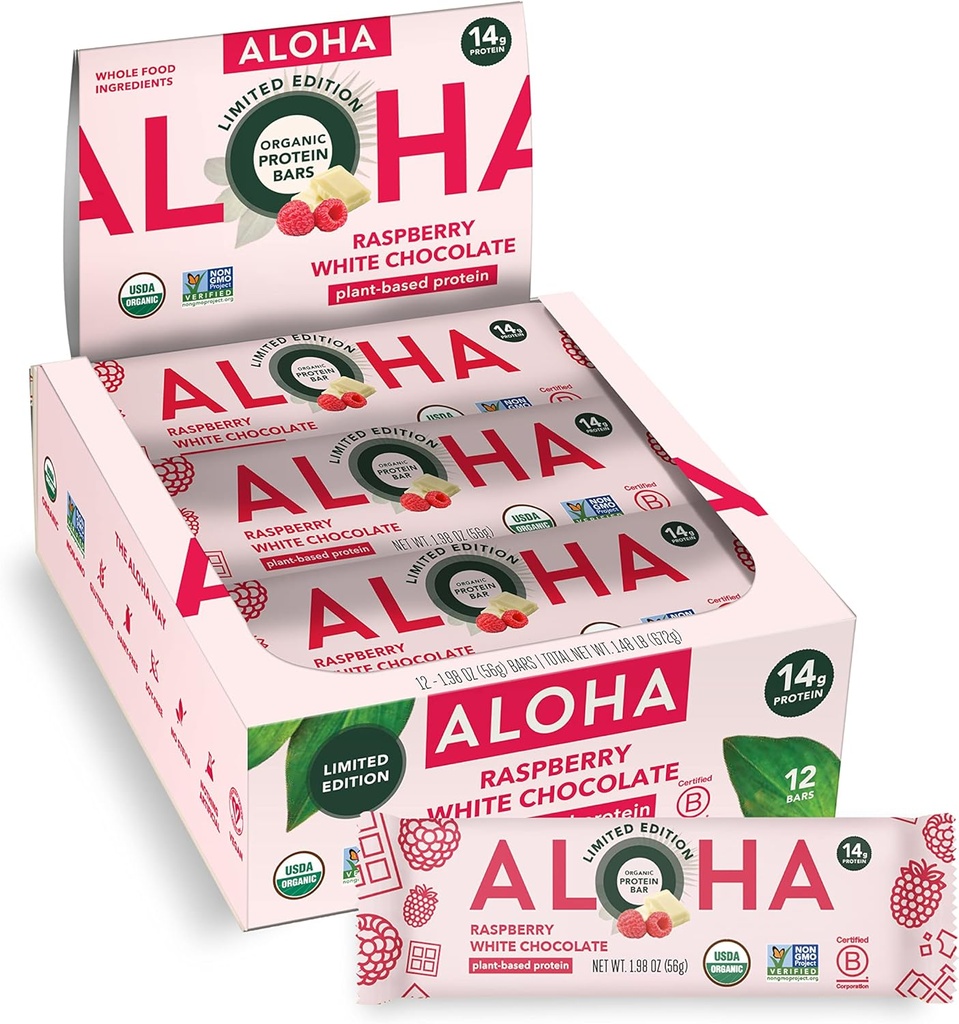 ALOHA Organic Plant Based Protein Bars | Raspberry White Chocolate | 12 greve, 1.98oz Bars | Vegan, Low Sugar, Gluten Free, Paleo, Low Carb, Non-GMO, Stevia Free, Soy Free, No Sugar Alcohol Sweeteners: LIMITED EDITION