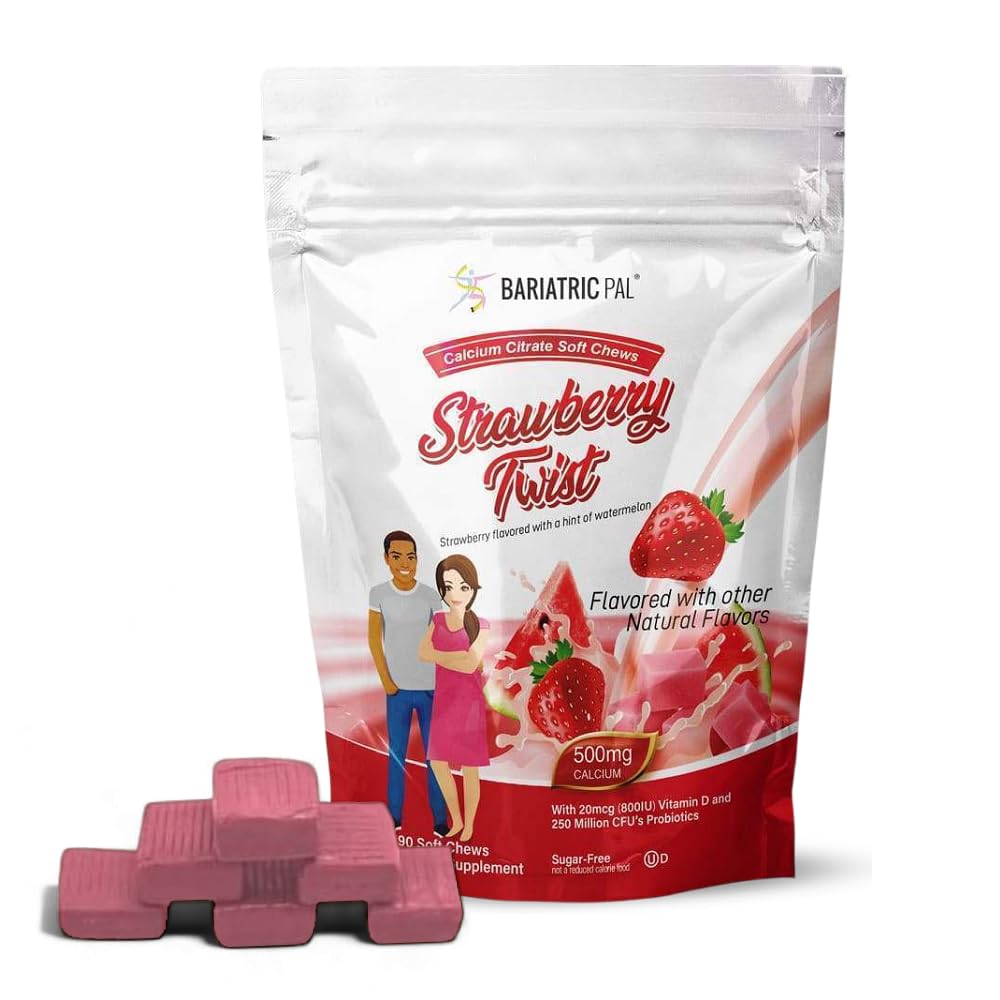 BariatricPal Sugar-Free Calcium Citrate Soft Chews | 500mg med vitamin D & Probiotics | Strawberry Twist | 90 greve (1 månads leverans)