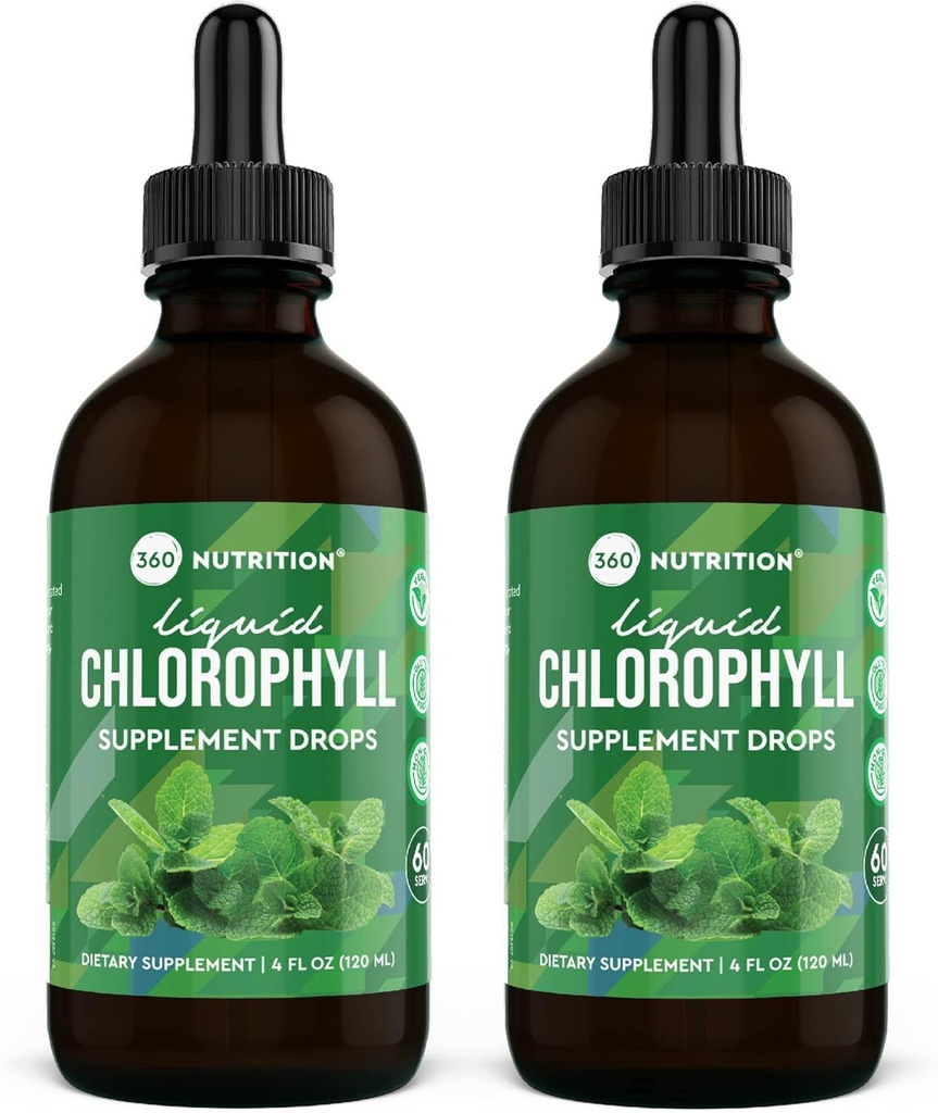 360 Nutrition Chlorophyll Liquid Drops med Peppermint Oil, GF & Vegan Body Internal Deodorant Supplement, stöder Gut Health, Digestion, Energy, Radiant Skin, Fast Absorption (4 Fl Oz (2 Count)