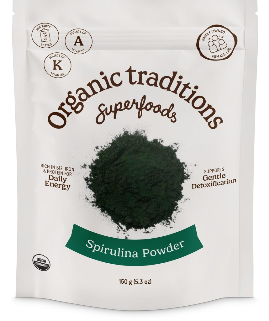 Organic Traditions Organic Spirulina Powder Vegan Ei-GMO Superfood, 5.3oz (150g) Bag, 50 tarjoilua per pussi