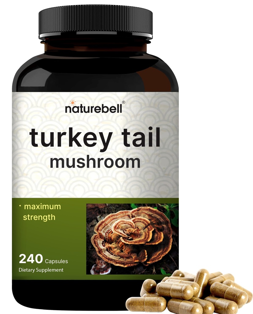 NatureBell Turkey Tail Mushroom Capsules 15,000mg Per Serving, 240 Count ... 25:1 Fruiting Body & Mycelium Extract ...