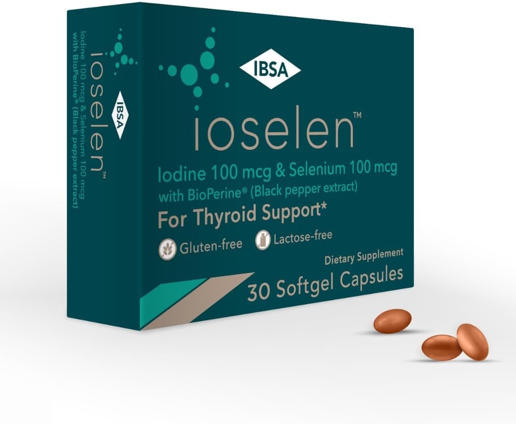 Ioselen - Kilpirauhasen tuki täydentää 100 mikrog Seleeniä, 100 mikrog jodi, 5 mg BioPerine - 30 Soft-Gel Caps lisääntynyt biologinen hyötyosuus ja absorptio - Gluteeniton, laktoositon, sokeriton, ei GMO:ita