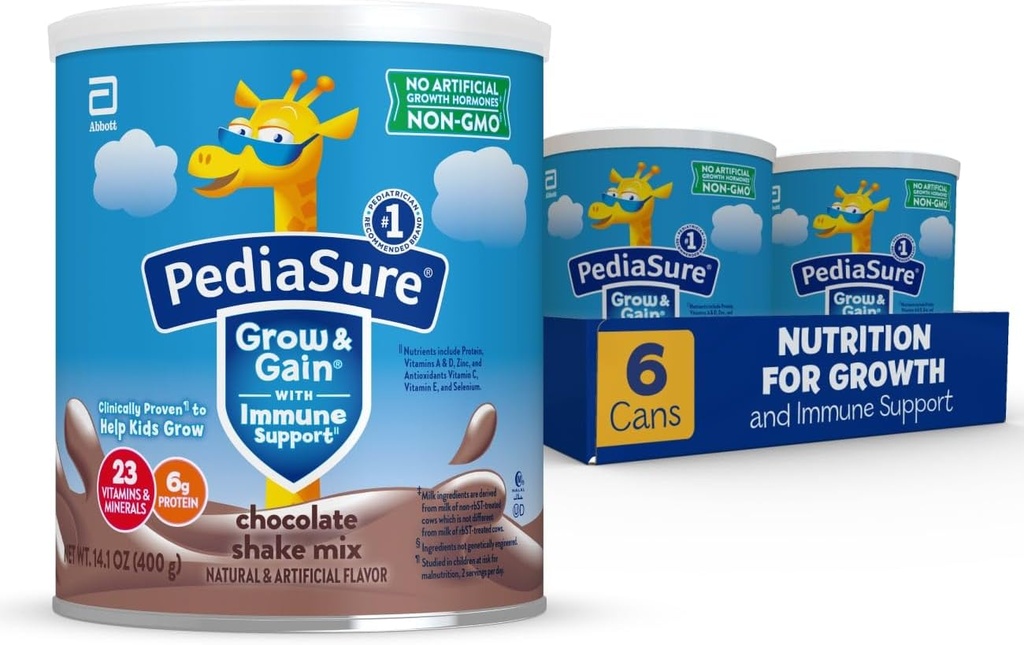 PediaSure Grow & Gain med Immune Support Shake Mix Powder, 23 Vitaminer & Mineraler, 6g Protein, Non-GMO, Gluten-Free, Kids Nutrition, Chocolate, 14.1 oz Can, Pack med 6-48 portioner