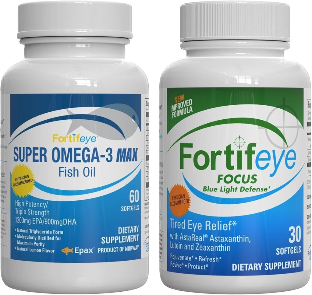 Fortifeye Blue Light och Heart Health Support Bundle | Super Omega-3 Max Fish Oil, 60 Softgels och Focus Blue Light Defense, 30 Softgels