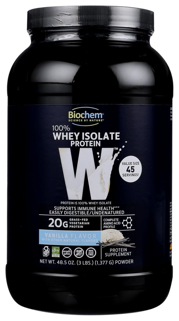Biochem 100% Whey Isolate Protein Powder, Vanilla Flavor, 20g Grass-Fed Protein, Keto Friendly, Gluteeniton, Helposti Digestible, Kasvisruokaa, 48,5 oz, 45 Tarjoilua