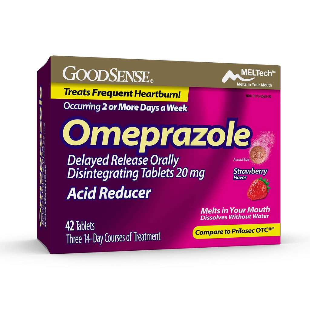 GoodSense Omeprazole Viivästynyt vapautuminen Suun kautta hajoavat tabletit 20 mg, mansikkamaku, liuottavat välilehdet, hoidot usein närästys, happo reduktori, närästyslääkkeet, 42 tablettia