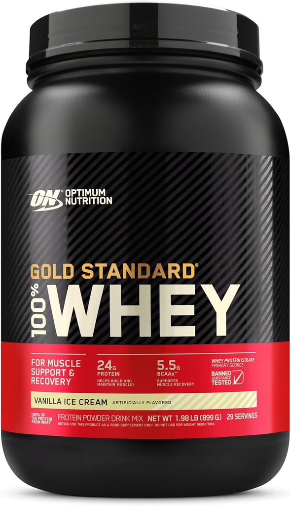 Optimum Nutrition Gold Standard 100% Whey Protein Powder from Whey Isolates, Vanilla Ice Cream - 2 punta