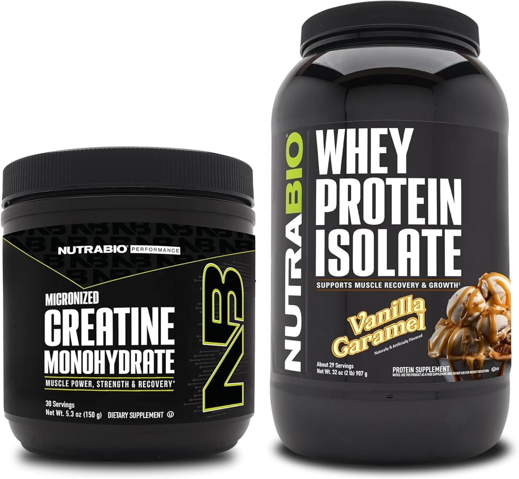NutraBio Creatiini Monohydraatti, makuamaton, 150g ja heraproteiini-isolaatti, vaniljakaramelli, täydennysosa Bundle - Lihasenergia, lean lihasten kasvu, elpyminen, ja vahvuus
