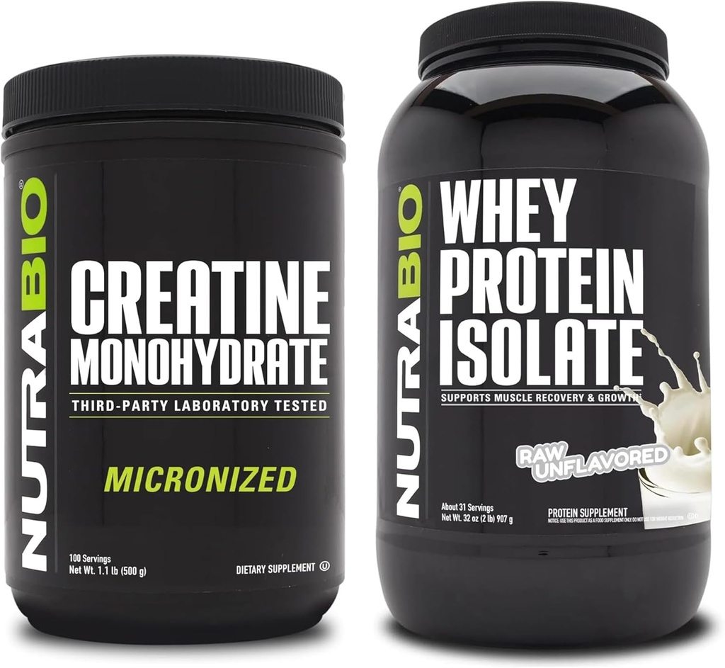 NutraBio Creatiini Monohydraatti, makuamaton, 500g ja heraproteiini-isolaatti, makuamaton, täydennysosa Bundle - Lihasenergia, lean lihasten kasvu, elpyminen, ja vahvuus