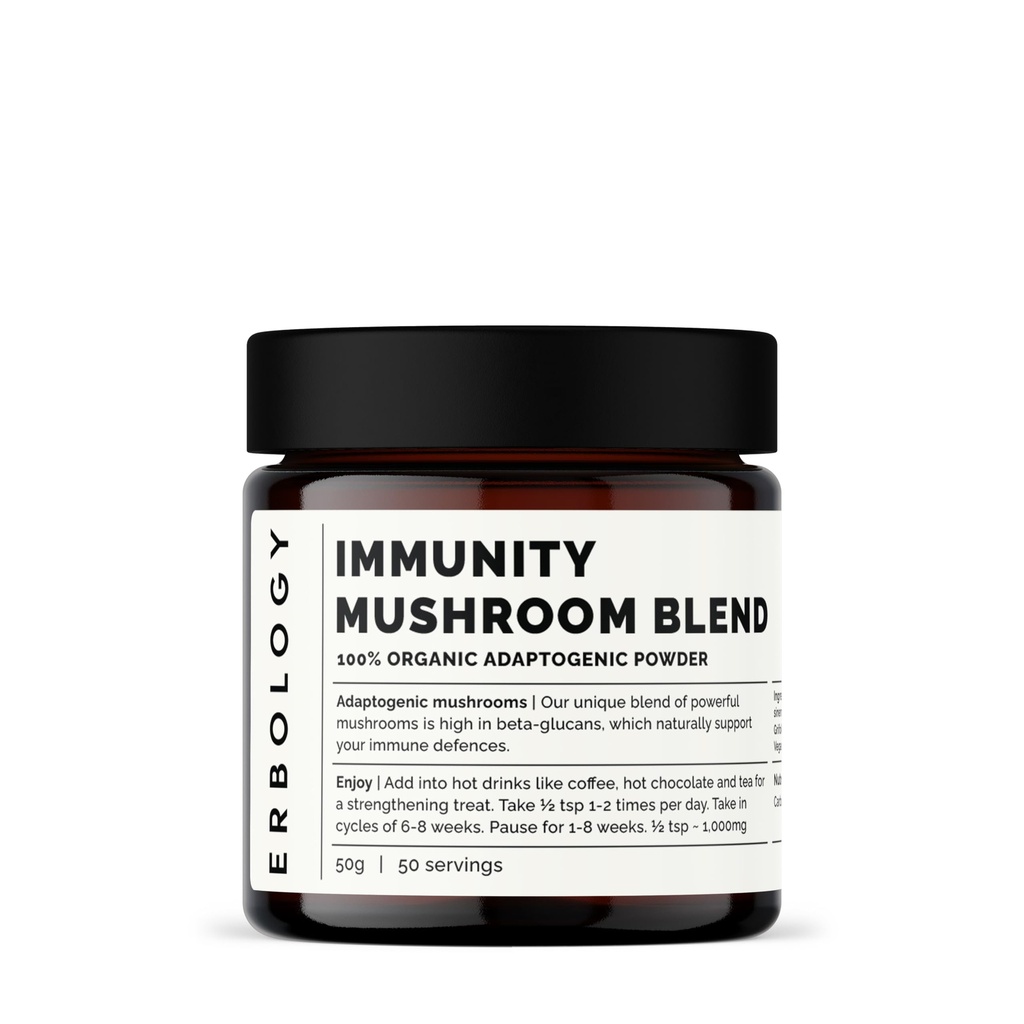 Erbologi Organic Immunity Mushroom Complex 50 Servings - Hög i Beta-glucans - Reishi, Cordyceps, Lion's Mane, Turkiet Tail - Hållbart odlad i Europa - Vegan - Non-GMO - No Added Fillers