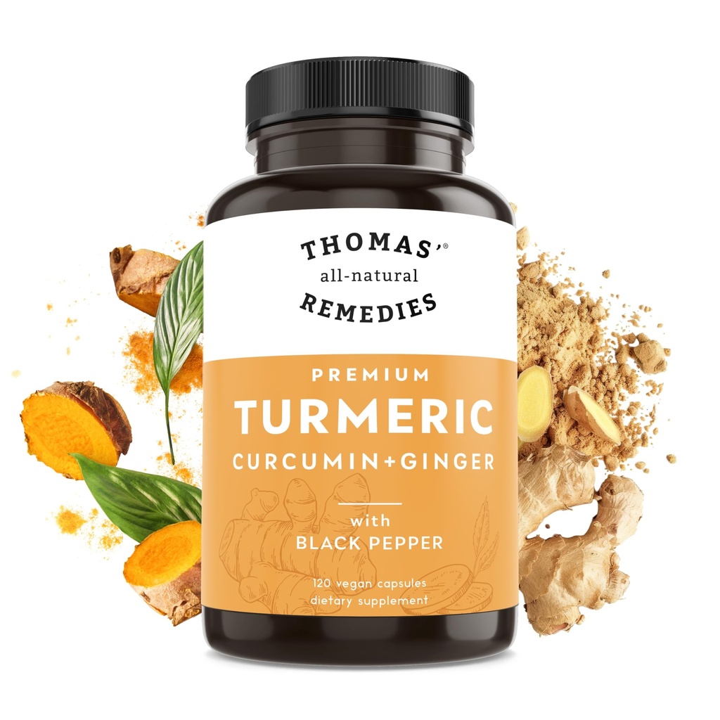 Thomas' kaikki luonnolliset korjaustoimenpiteitä Turmeric Curcumin ja inkivääri mustapippuri, Luomu Turmeeric Joint Tuki täydentää- 95% Curcumin - EI täyteaineita, Vegan - 120ct