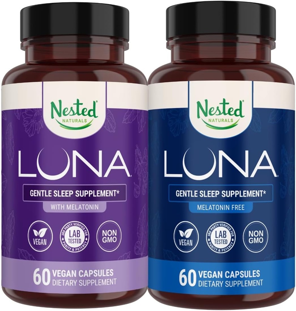Nested Naturals Luna Sleep Aid Bundle ... Luna & Luna Melatoniinittomat unilääkkeet, joissa on luonnollisia ainesosia Melatoniini, Valarien, & enemmän (120 kreivi)