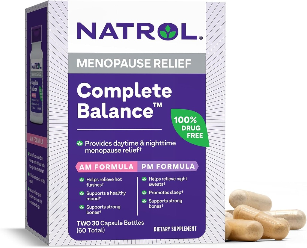 Natrol Complete Balance, Ruokavaliotarvike vaihdevuosien lievittämiseksi, A.M./P.M. Menopause Relief naisille, 60 kapselia, Enintään 30 päivän toimitus