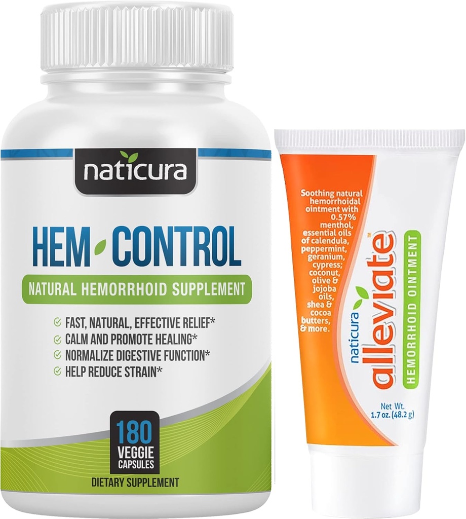 Bundle - Hem-Control Vegaani Ruoansulatuskanavan tuki täydentää (180 Count) ja Alleviate Natural Hemorrhoid Relief Cream varten polttaminen, kutina ja turvotus (1.7 oz) Plus 2 Matka-koko Putket