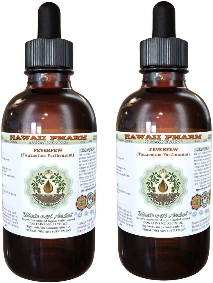 Feverfew Alcohol-Free Liquid Extract, Organic Feverfew (Tanacetum Parthenium) Torkade Herb Glycerite Hawaii Pharm Natural Herbal Supplement 2x4 oz