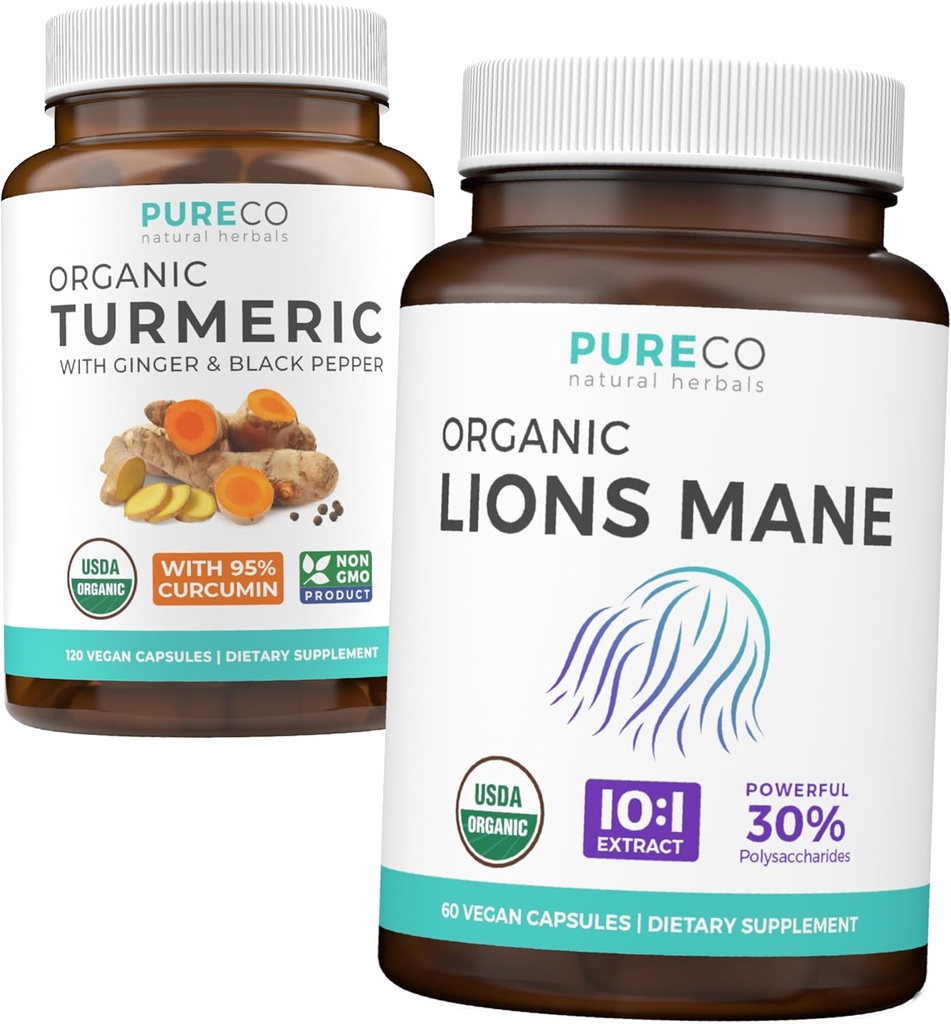 Turmeric & Lions Mane (1-Kuukauden tarjonta) Mindful Turmeric Bundle of Organic Turmeric Curcumin with Black Pepper & Inkivääri (120 Caps) & Organic Lions Mane Sieni 10:1 uute (60 Caps)