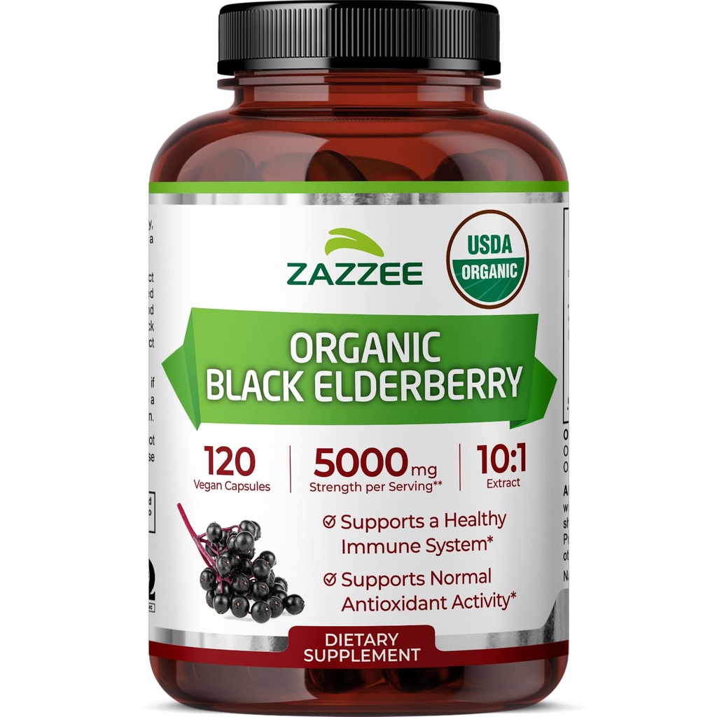 Zazzee USDA Organic Black Elderberry 10:1 uute, 5000 mg vahvuus, 120 vegan kapselia, 2 kuukautta toimitus, vakioitu, väkevä 10X uute, 100% kasvissyöjä, kaikki luonnolliset, ei-GMO, valmistettu Yhdysvalloissa
