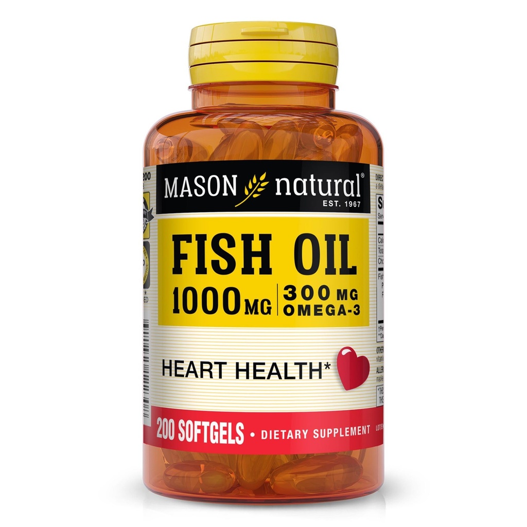 MASON NATURAL Omega,3 Fish Oil, 200,Day Supply, 1000mg EPA ja DHA yhteinen tuki, Softgel pillereitä