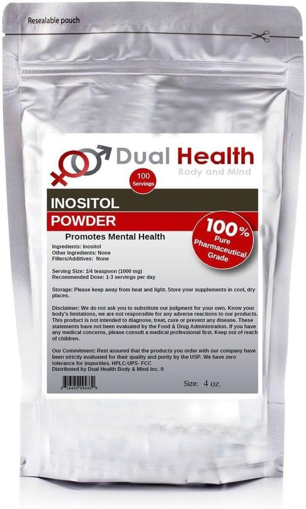 Dual Health Body & Mind Inositol Pulver (4 oz) Rena vitamin B8 Antioxidanter Bulk Supplements 1000 mg per portion