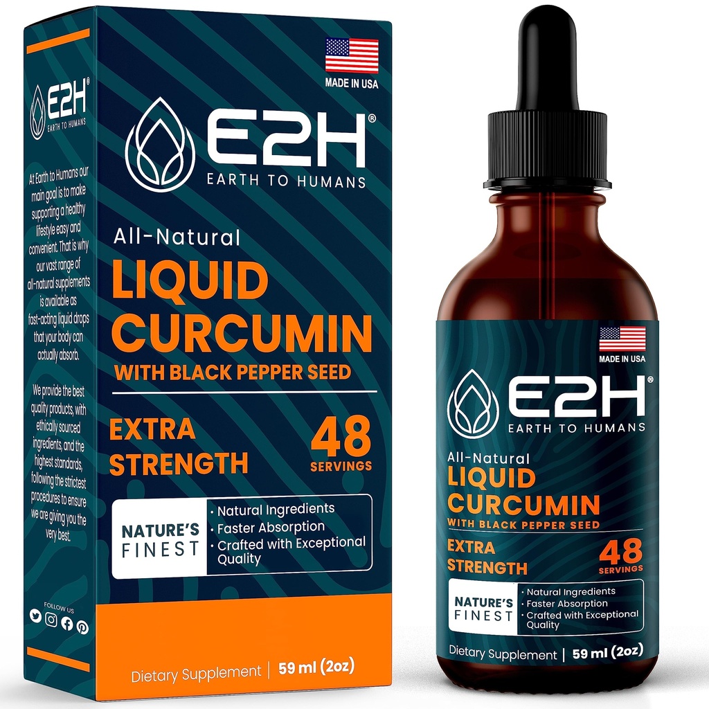 E2H flytande gurkmeja Curcumin för bättre absortion - naturligt gemensamt stöd - gurkmeja rot extrakt med svart pepparfrö - öka din hälsa - Vegan - icke-GMO - 2 Fl Oz