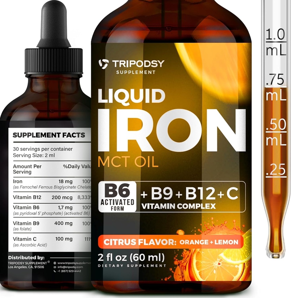 Liquid Iron Supplement for Women and Men - Iron Drops kanssa B6, B9, B12, C-vitamiinin anemia, Veren rakentaja, Folaatti Red Blood Cell ja Immuuni Tuki MCT Oil (2 FL OZ, Cirtruc)