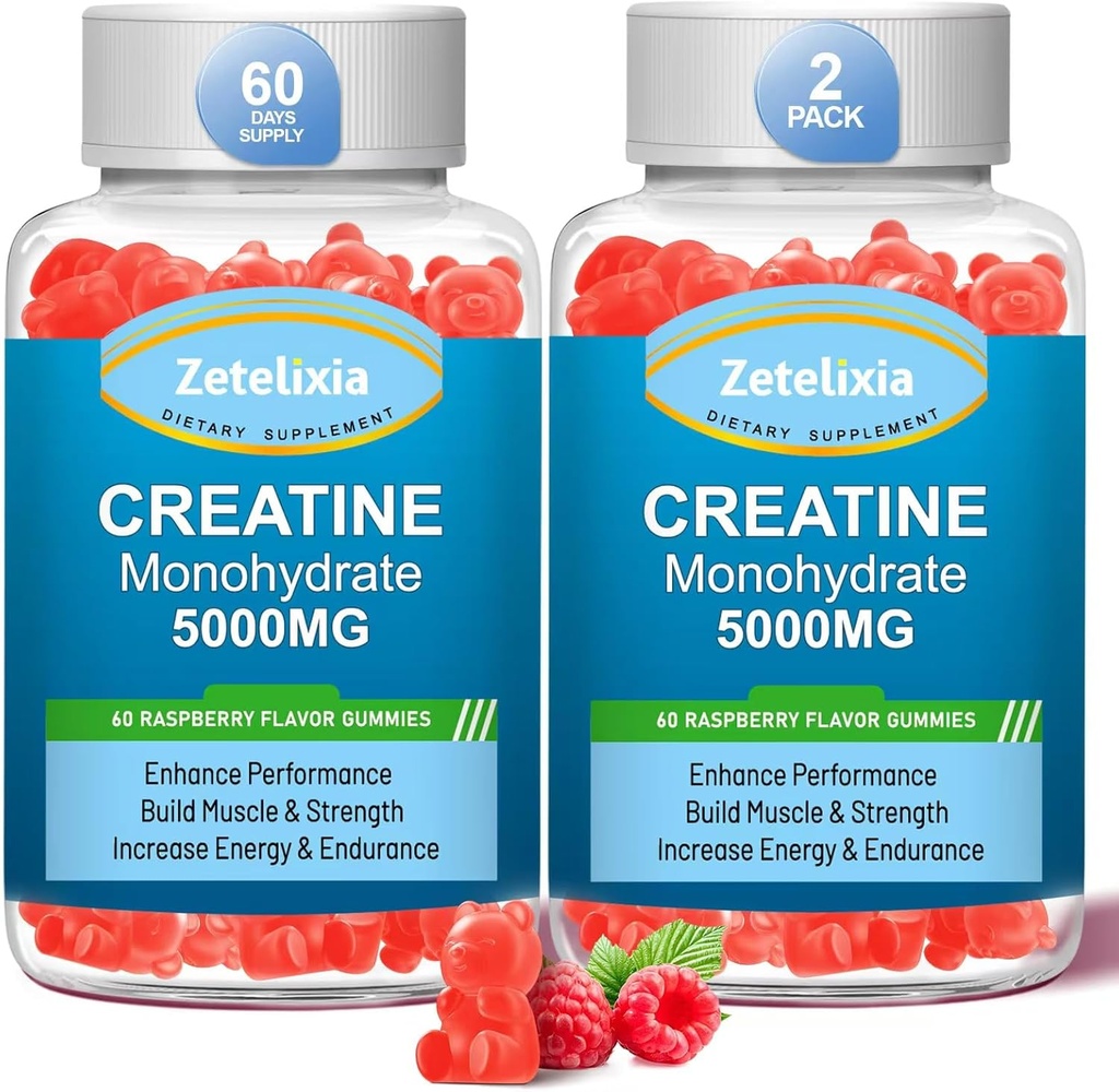 2 Pack Kreatin Monohydrat Gummies, Kreatin Monohydrat för Män & Kvinnor, Förbättrad Formel med BCAA, Vitamin B12, Taurin, Muskelstöd, Energiökning, Sugar Free, Vegan, 120 Räkna