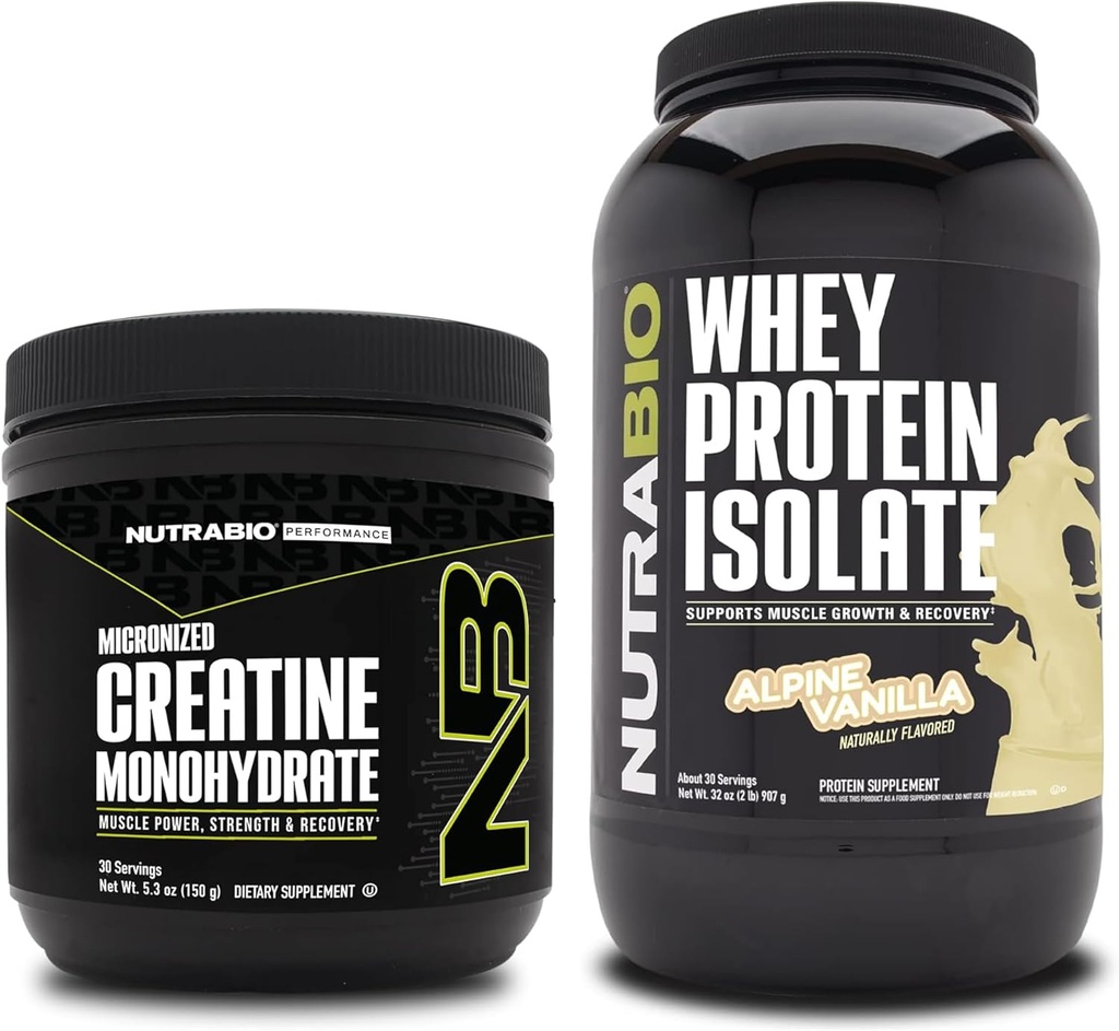 NutraBio Creatine Monohydrate, Unflavored, 150g och Whey Protein Isolate, Alpine Vanilla, Supplement Bundle - Muscle Energy, Lean Muscle Growth, Recovery och Strength