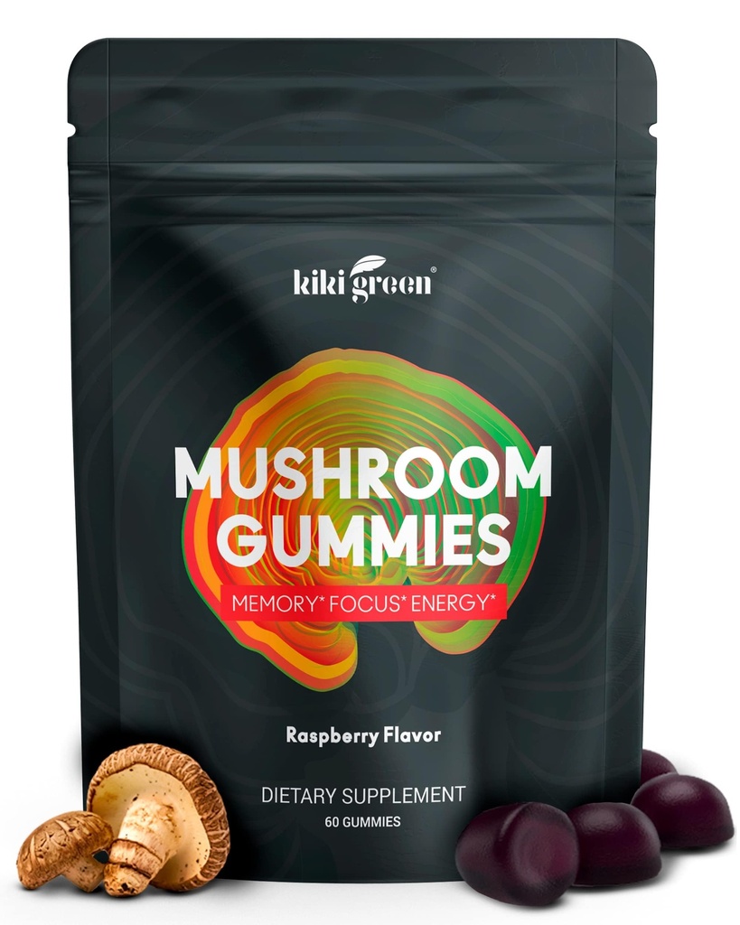 KIKI Green Mushroom Gummies with Lion's Mane and 9 Adaptogen Superfoods Blend - Chaga, Red Reishi, Cordyceps, Shiitake, Black Fungus ... 60 Count, 10:1 Extract