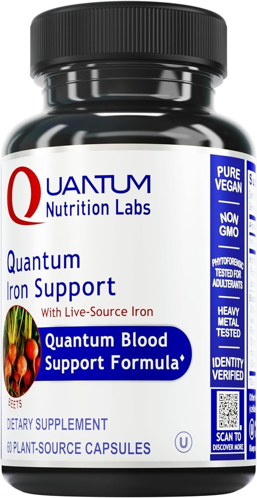 Quantum Nutrition Labs Iron Support - Järntillskott för kvinnor och män, Vegan Iron Supplements, Low Dose Gentle Iron, Naturligtvis Sourced för att stödja hälsosamt blod - 60 vegetariska kapslar